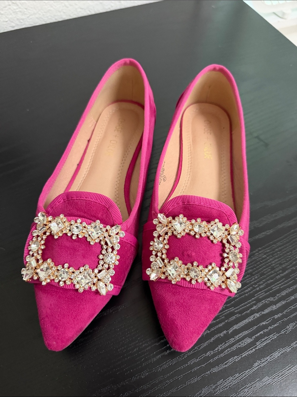 Chase + Chloe Fuchsia Crystal-Embellished Pointed Flats